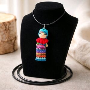 Guatemalan Artisan Handmade Mayan Worry Doll Adjustable Black Rope Necklace